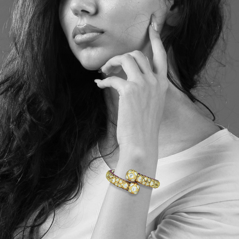 Floral Polki Cuff Bangle with Vibrant Enamel